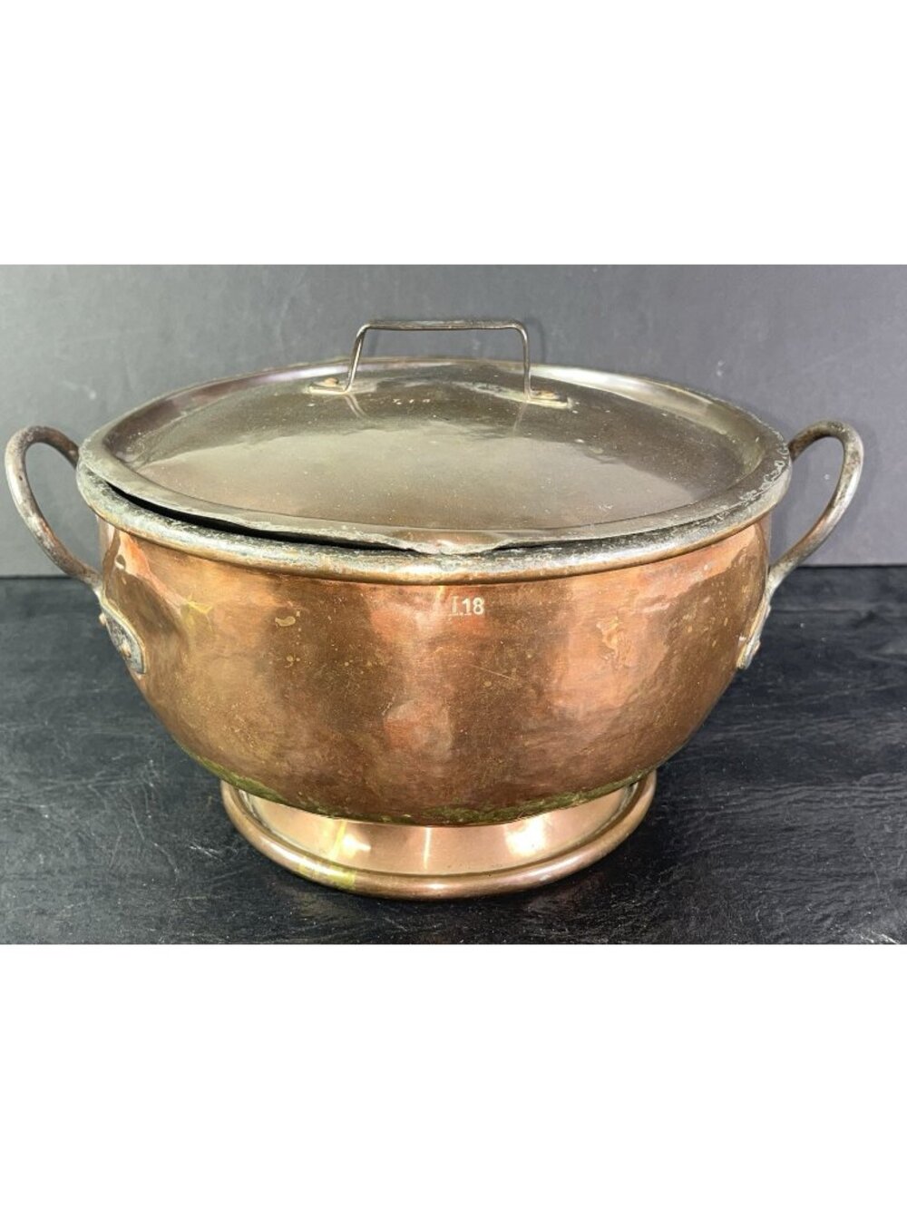 Antique Copper Pot Double Handles Footed w/ Lid Petina Dent Damage Flower Pot